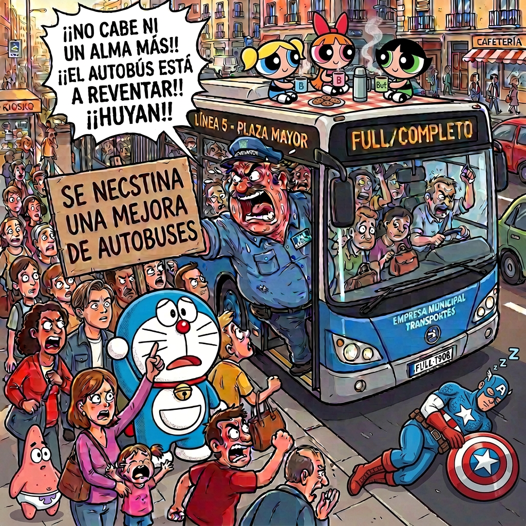 Autobús lleno de pasajeros mientras una multitud reclama: «¡No cabe ni un alma más! ¡El autobús está a reventar! ¡Huyan!»