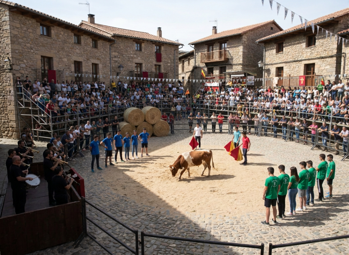 Reemplaza la imagen por una escena fiel de la plaza de Puertomingalvo durante el Gran Prix de las fiestas: plaza claramente pequeña y recogida, una barrera negra separando a los participantes del público, sin carretillas, y una vaquilla en el centro. Ambiente popular y festivo, pueblo de montaña, estilo fotográfico realista, sin texto.